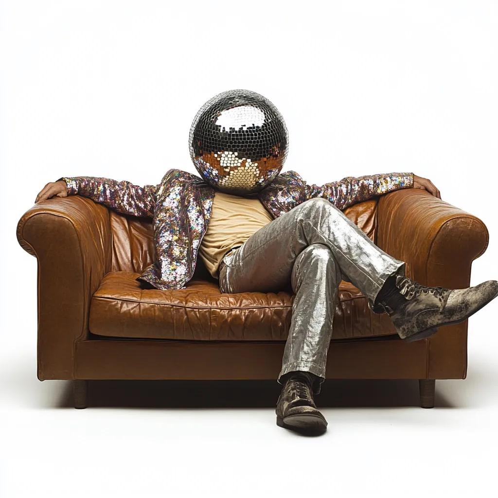 A person wearing a sequined jacket and silver pants sits relaxed on a brown leather couch.  Their head is covered by a large disco ball.  The scene is set against a plain white background, creating a striking contrast between the person's flamboyant attire and the simple backdrop. The overall image is playful and slightly surreal.