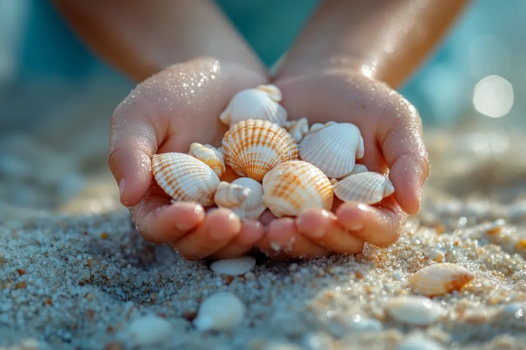 A child's hands, glistening with sand, gently cradle a collection of seashells.  The shells, varying in shades of white and tan, are smooth and delicately textured.  The scene is set on a sandy beach, with more shells scattered around the child's cupped palms, suggesting a joyful moment of beachcombing discovery.  The shallow depth of field focuses on the shells and hands, blurring the background slightly.