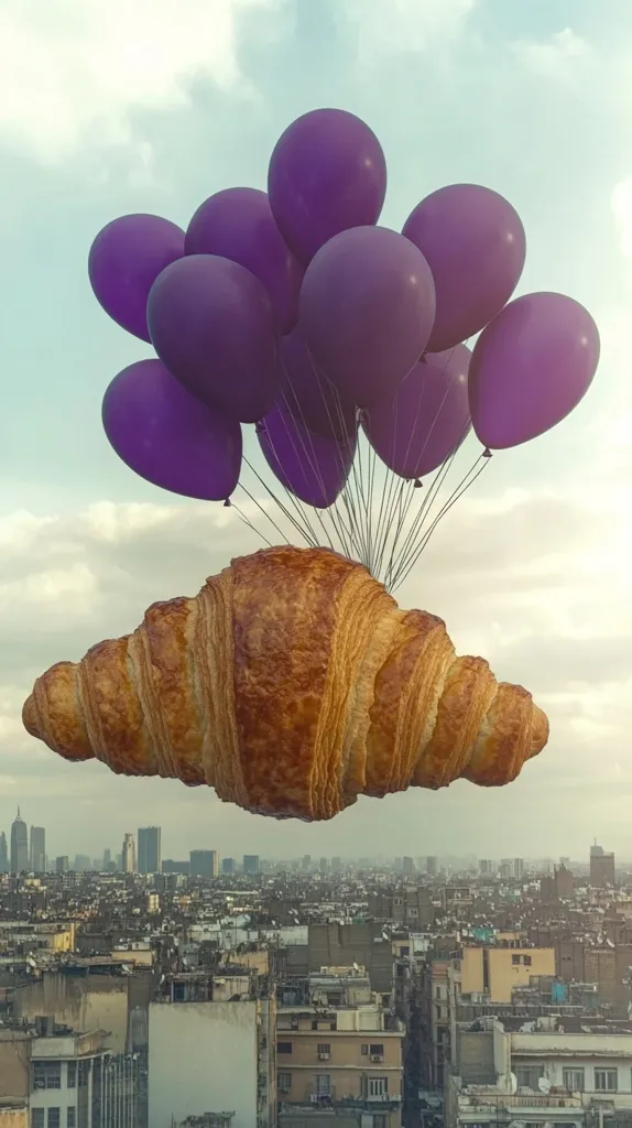 A giant croissant floats above a cityscape, buoyed by a cluster of purple balloons. The warm tones of the pastry contrast with the cool purple of the balloons and the muted colors of the city below. The image is surreal and whimsical, suggesting a fantastical journey or a playful dream.  The croissant appears light and airy, defying gravity with the help of its unusual lift.