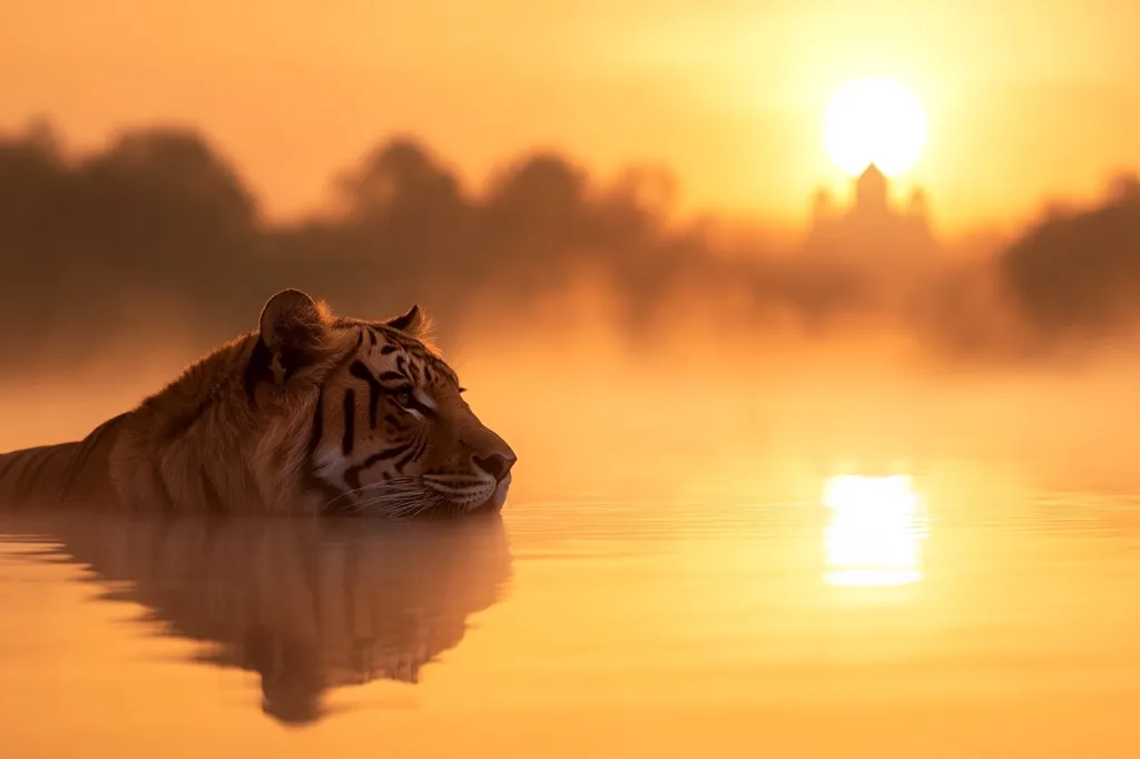 A majestic tiger rests its head in calm water at sunset.  The golden light bathes the scene, reflecting off the water's surface.  A hazy, silhouetted structure is visible in the background, adding to the serene and mystical atmosphere. The tiger's reflection is mirrored perfectly in the still water, creating a captivating image of peace and tranquility.