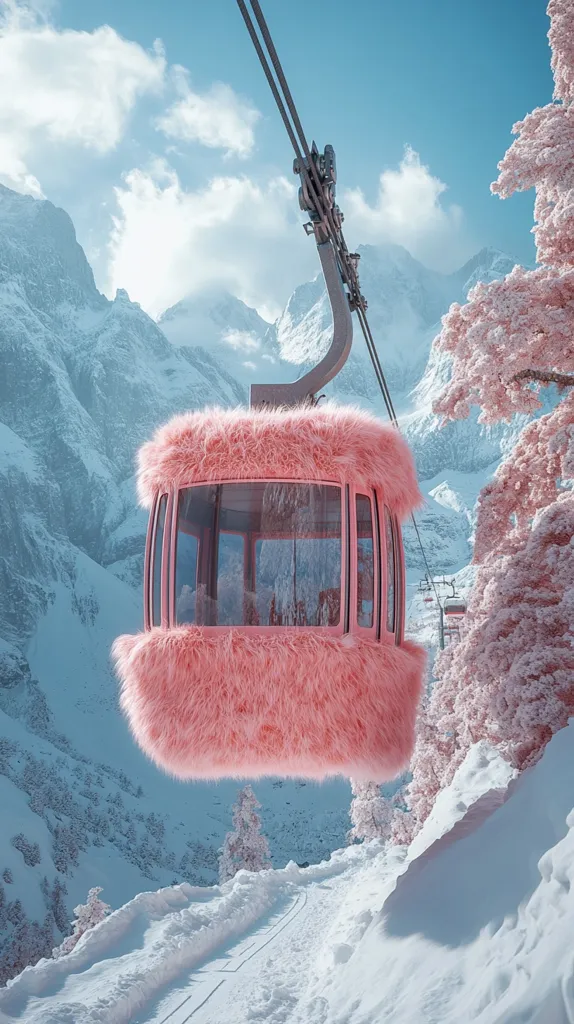 A whimsical pink, fluffy gondola ascends a snowy mountain range.  The vibrant pink contrasts sharply with the pristine white snow and icy blue sky.  Frozen, pinkish trees line the mountainside, adding to the surreal, fairytale-like atmosphere.  The gondola's glass windows offer a glimpse of the breathtaking alpine scenery.