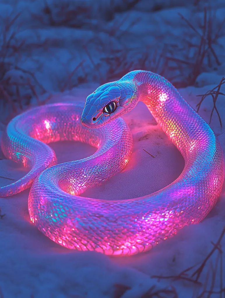 A vibrant, iridescent snake, seemingly illuminated from within, rests on a snowy surface.  Its scales shimmer with pink and blue hues, creating a surreal and ethereal effect. The snake's body forms a graceful loop, its head slightly raised, gazing intently. The background is blurred, focusing attention on the captivating reptile.  The overall atmosphere is mystical and dreamlike.