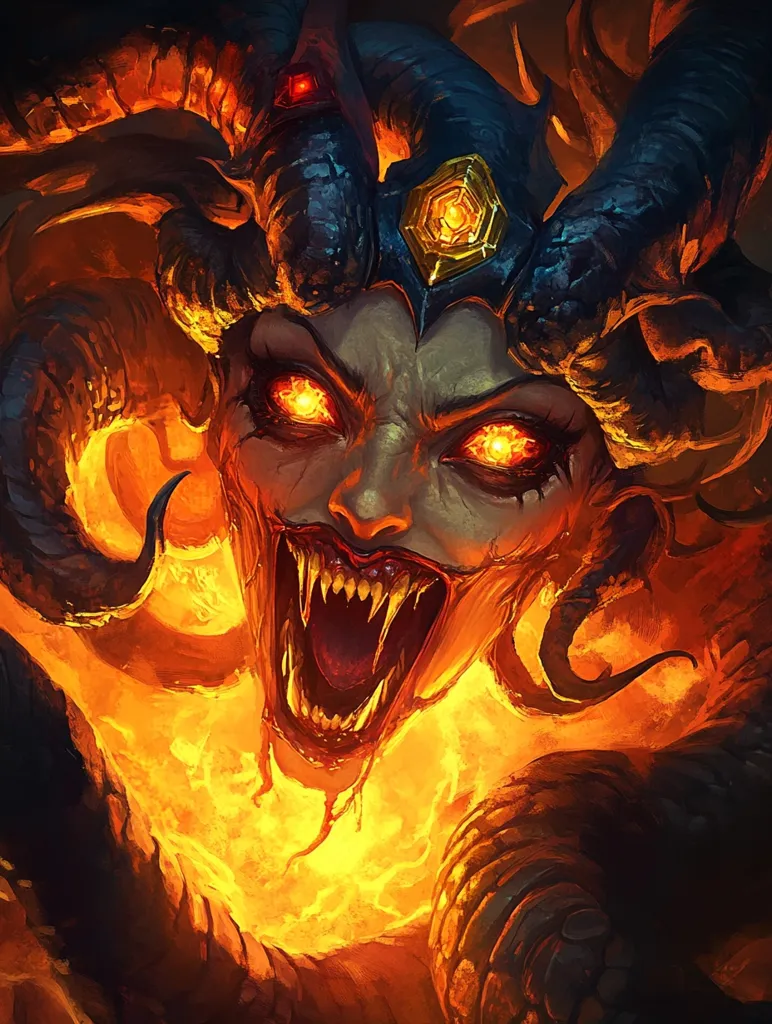 A demonic female figure, engulfed in fiery orange and black hues, dominates the artwork.  Her face is fierce, with glowing orange eyes, sharp teeth bared in a menacing snarl, and large horns framing her head. She wears an ornate crown, and her form seems partially consumed by or intertwined with the flames. The overall style is dark fantasy, emphasizing a powerful and terrifying presence.