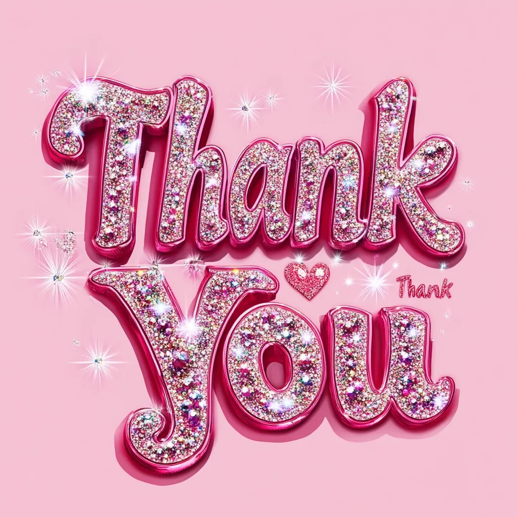 The image displays a sparkly pink "Thank You" message.  The words are rendered in a three-dimensional style, heavily embellished with glittering rhinestones and pink accents.  Small hearts and starbursts surround the text, adding to the festive and glamorous feel. The overall effect is one of bright, exuberant gratitude.