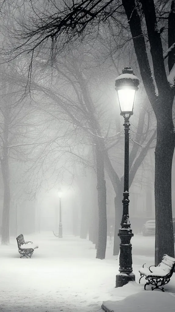 A snow-covered park path at night is illuminated by a single lamppost.  Bare trees line the path, their branches heavy with snow.  Two park benches sit empty, dusted with a layer of fresh snow.  A faint light from another lamppost is visible in the distance, creating a serene and atmospheric scene. The fog adds to the quiet and peaceful ambiance of the winter night.