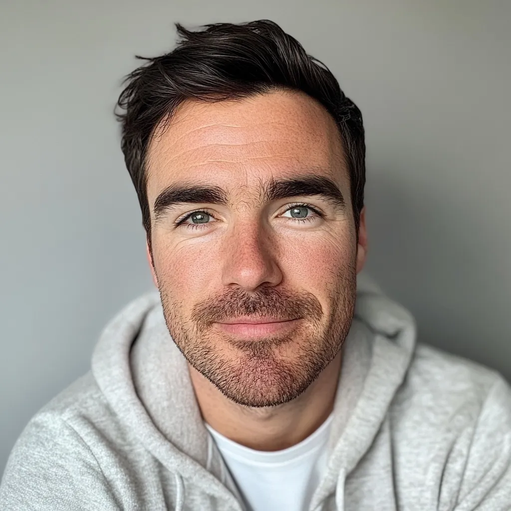 Close-up portrait of a man with short, dark brown hair styled upwards. He has light skin, green eyes, and a short, well-groomed beard.  He's wearing a light grey hoodie and a hint of a white t-shirt underneath.  His expression is pleasant and approachable, with a slight smile. The background is a plain, muted grey.