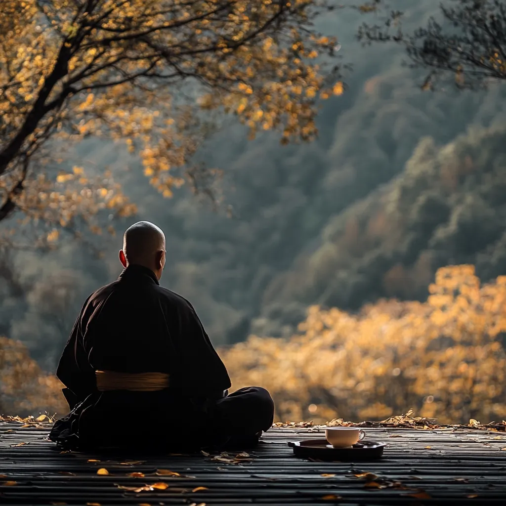 A bald-headed monk sits cross-legged on a wooden deck, his back to the viewer. He wears a dark robe with a gold sash.  The serene scene is set against a breathtaking backdrop of autumnal hills, bathed in the soft light of the setting sun. Fallen leaves are scattered on the deck, adding to the peaceful ambiance. A small cup rests on a tray nearby.