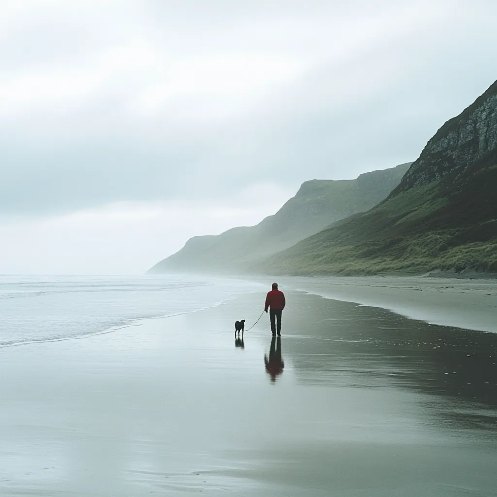 A solitary figure, clad in a red jacket, walks along a tranquil beach with their dog. The vast, misty ocean stretches towards a range of low-lying hills under a muted sky. The scene evokes a sense of peace and solitude, with the reflection of the person and their pet mirroring their journey on the wet sand. The overall mood is serene and contemplative.