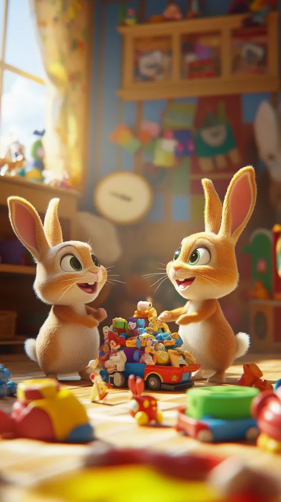 Two adorable cartoon rabbits, with large expressive eyes, joyfully collaborate in a sunlit playroom.  Surrounded by colorful toys, including a toy truck overflowing with smaller toys, they seem to be sharing and organizing their playthings. The scene is warm and inviting, emphasizing the cheerful camaraderie between the two bunnies.  The overall style is bright, whimsical, and digitally rendered.