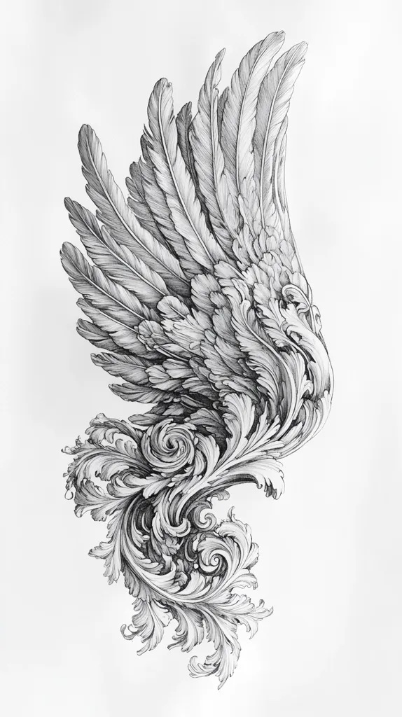 A meticulously detailed pencil sketch depicts a wing design, seamlessly blending realistic feather rendering with ornate baroque flourishes. The feathers are intricately drawn, showcasing individual barbs and subtle shading, while the swirling acanthus leaves demonstrate masterful control of line and shading. The contrast between organic feather forms and stylized baroque elements creates a captivating visual tension, resulting in a striking piece of art.
