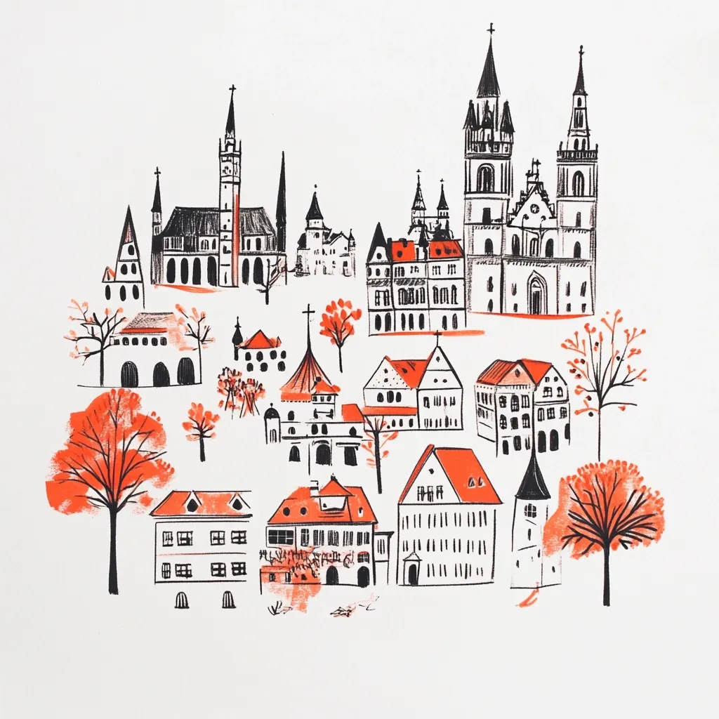 A charming illustration depicts a whimsical cityscape nestled amongst autumnal trees.  Black ink outlines buildings of varying architectural styles, from grand cathedrals with tall spires to smaller, quaint houses with orange roofs.  The style is simplistic yet detailed, evoking a sense of warmth and old-world charm.  Orange-hued trees add a pop of color against the off-white background.