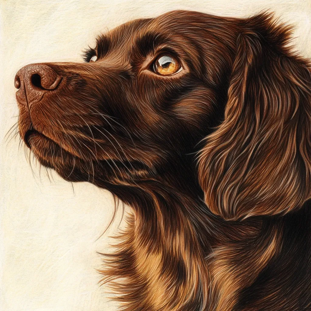 A detailed colored pencil drawing showcases a brown dog, possibly a spaniel or similar breed, in profile view.  Its rich, dark brown coat is meticulously rendered, highlighting individual strands of fur. The dog's gaze is directed upward and slightly to the side, conveying a sense of alertness and calm. The artist skillfully captures the texture and depth of the fur, creating a lifelike portrayal of the canine subject against a light beige background.