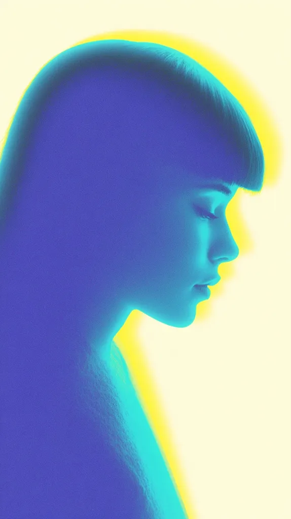 A stylized profile portrait of a woman with short bangs.  The image is rendered in cool blues and greens, contrasted against a warm yellow background, creating a vibrant, almost ethereal effect. The woman's eyes are closed, suggesting a pensive or serene mood.  The style is abstract and artistic, emphasizing form and color over realistic detail.