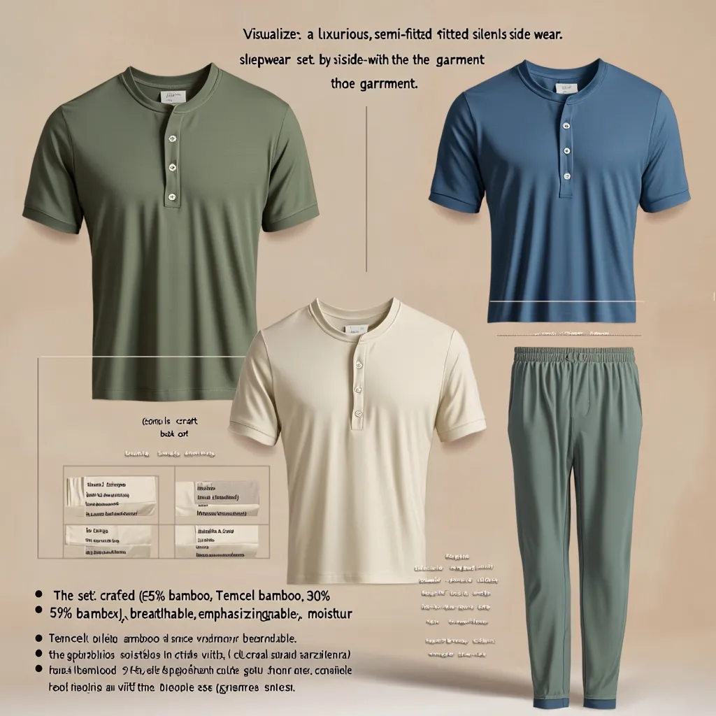 This luxurious sleepwear set features semi-fitted short-sleeve henleys and matching pants.  The garments are crafted from a breathable blend of 65% bamboo, 30% Tencel bamboo, and 5% bambex, offering moisture-wicking comfort.  The image showcases three color options: olive green, beige, and a muted blue. The set is described as emphasizing comfort and a relaxed fit.