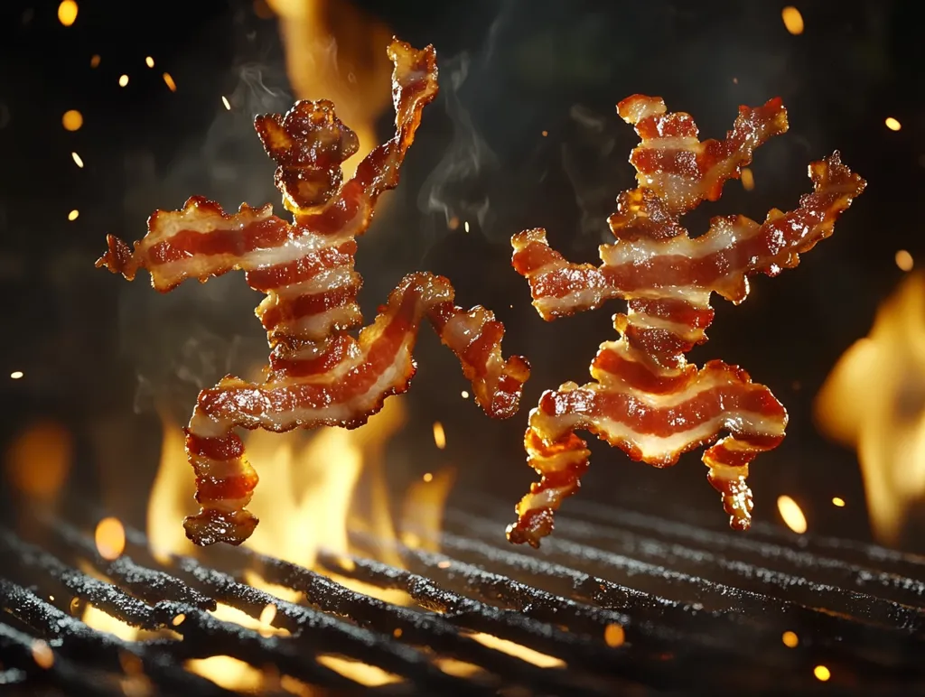 Two crispy strips of bacon, artfully arranged to resemble leaping figures, are captured mid-air above a fiery grill.  The bacon is golden brown and sizzling, with flames and sparks visible in the background. The image suggests a dynamic, playful depiction of cooking bacon, emphasizing its texture and the heat of the grilling process.