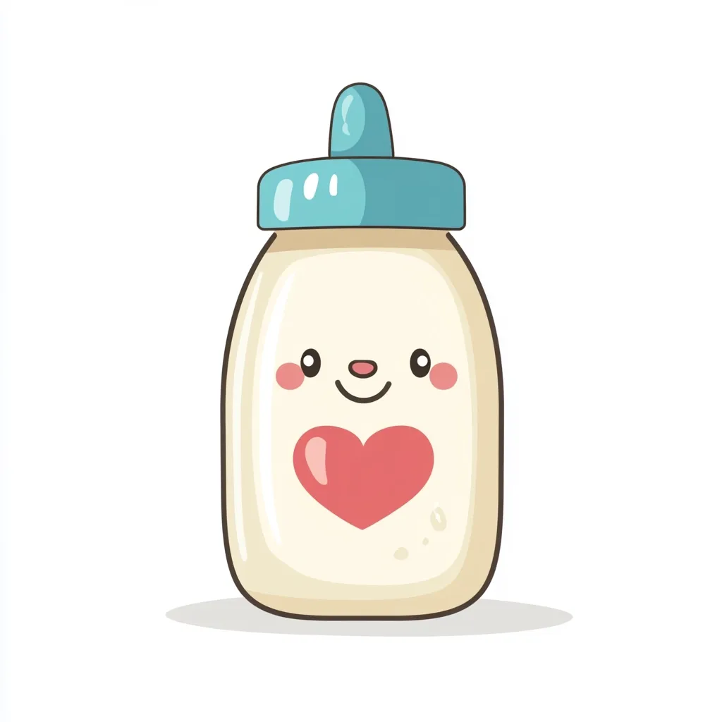 A cute cartoon baby bottle is depicted, filled with milk and featuring a smiling face and a pink heart.  The bottle has a light beige body and a light blue cap, with simple, expressive features conveying happiness.  The overall style is cheerful and childlike, suitable for baby-related products or illustrations.