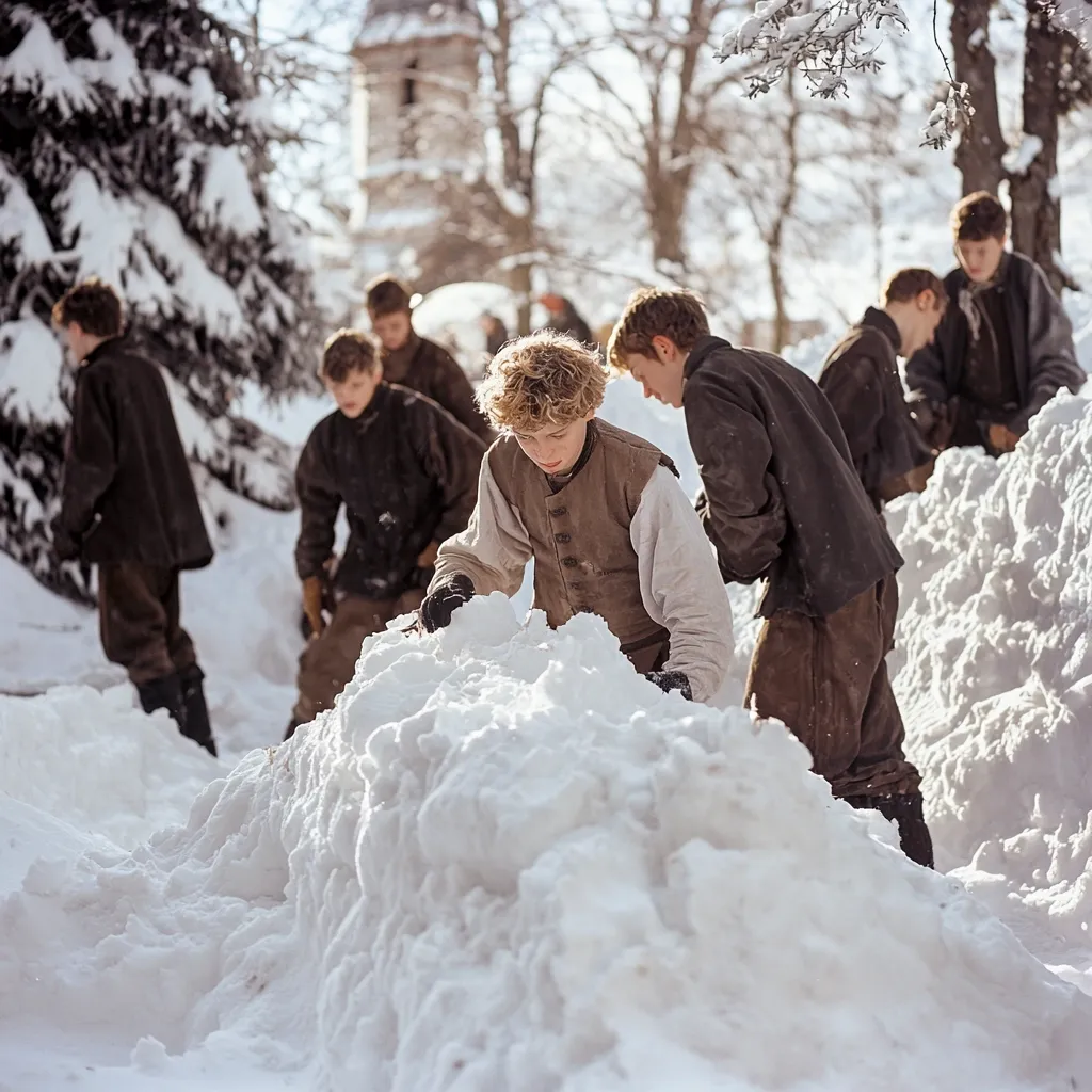 A group of young men, dressed in period clothing, work together to build a snow wall in a snowy landscape.  They appear to be collaboratively shaping and packing the snow, their faces partially obscured by the effort.  A church or building is visible in the background, suggesting a rural or historical setting. The scene is bathed in bright winter sunlight.