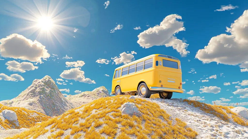 A vibrant yellow vintage bus ascends a sun-drenched hill against a backdrop of majestic mountains and a bright blue sky dotted with fluffy white clouds.  The sun shines brightly, casting a warm glow over the scene.  The bus appears to be on an adventurous journey, highlighting the thrill of exploration and the beauty of nature.