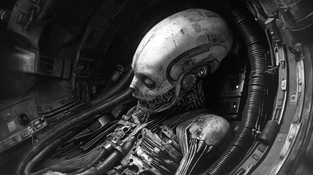 A black and white close-up shot depicts a cyborg's head and upper torso, seemingly resting inside a metallic structure filled with tubes and wires.  The cyborg's face is partially exposed, revealing mechanical features beneath decaying skin. The image evokes a sense of decay and futuristic technology, possibly from a science fiction film or artwork. The overall mood is dark and somewhat unsettling.