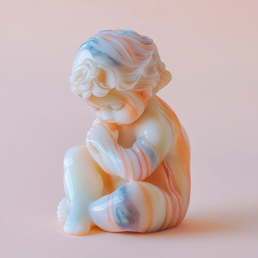 A cherubic figurine, crafted from swirling pastel marble, sits serenely.  The baby's head is bowed, hands clasped near its face in a contemplative pose. The soft, delicate colors and smooth curves of the sculpture create a peaceful and tender image. The marble's veining adds depth and visual interest, enhancing the overall ethereal quality.