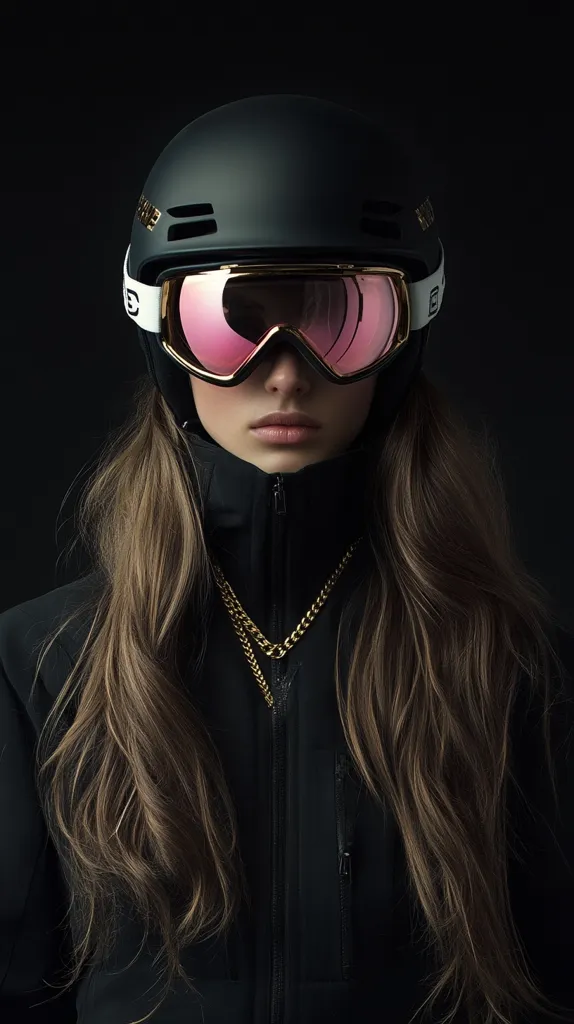 A young woman with long brown hair is shown wearing a black ski helmet and matching pink-tinted goggles.  A gold chain necklace is visible beneath the helmet. She's dressed in a black, zip-up jacket, and the overall image is dark and moody, emphasizing the sleek style of the gear. The backdrop is a solid black, making the subject stand out prominently.