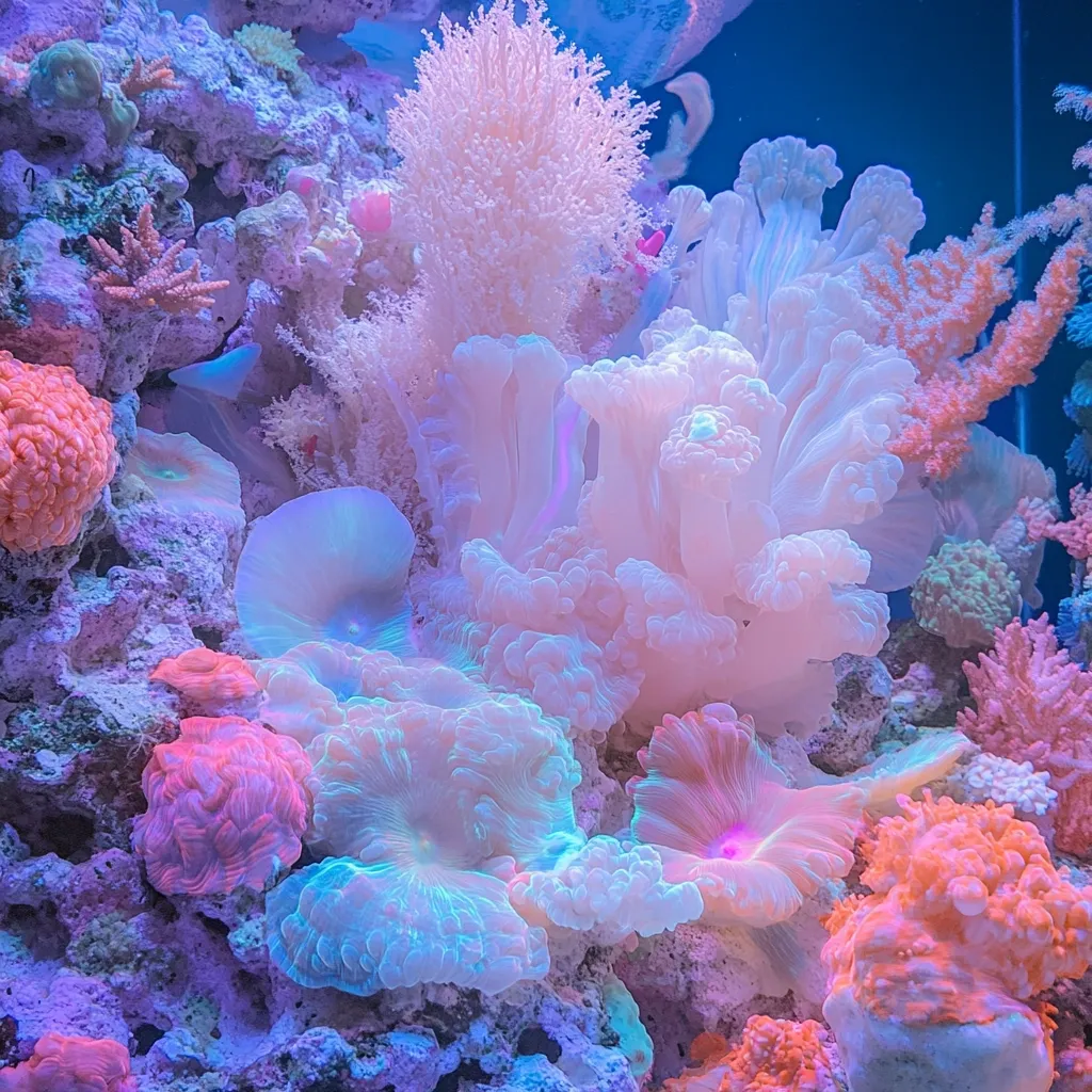 A vibrant underwater scene showcases a diverse array of coral polyps in varying shades of pink, orange, and purple.  Delicate, branching corals are interspersed with larger, mushroom-shaped anemones. The scene is bathed in a soft, ethereal light, creating a visually stunning and peaceful underwater landscape.  The colors are pastel and dreamlike, enhancing the overall beauty of the coral reef ecosystem.