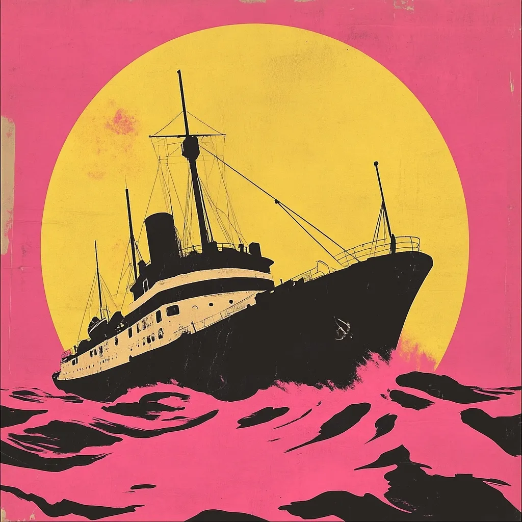 A stylized illustration depicts a large passenger ship sailing across a vibrant pink sea under a bright yellow sun.  The ship is rendered in a bold black silhouette, its details simplified yet evocative of a vintage ocean liner.  The contrasting colors and bold graphic style create a striking, almost poster-like image. The waves are depicted with energetic brushstrokes, adding to the dynamism of the scene.