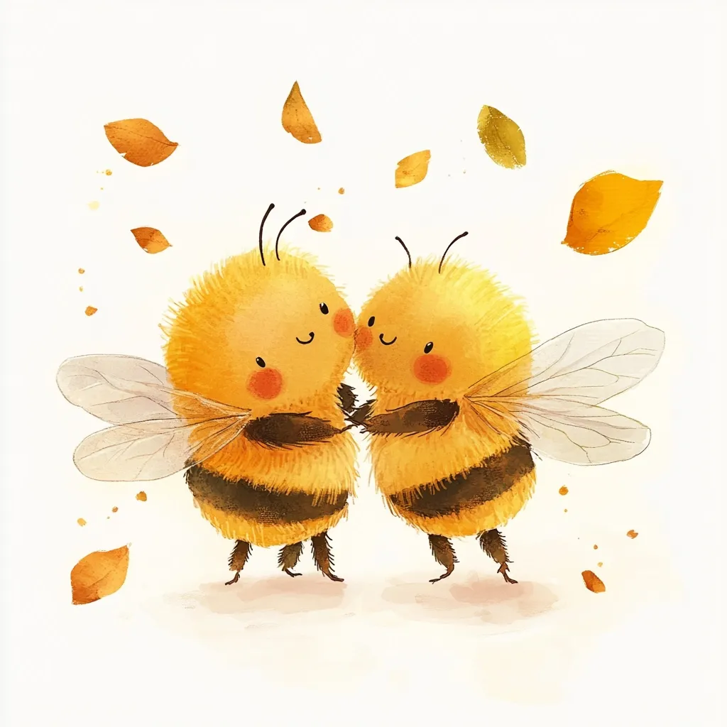 Two adorable cartoon bumblebees embrace amidst falling autumn leaves.  Their fuzzy bodies and cheerful expressions create a heartwarming scene. The watercolor style adds a soft, gentle touch to the illustration, perfect for a children's book or greeting card.  The bees' hug symbolizes friendship, love, or the sweetness of autumn.