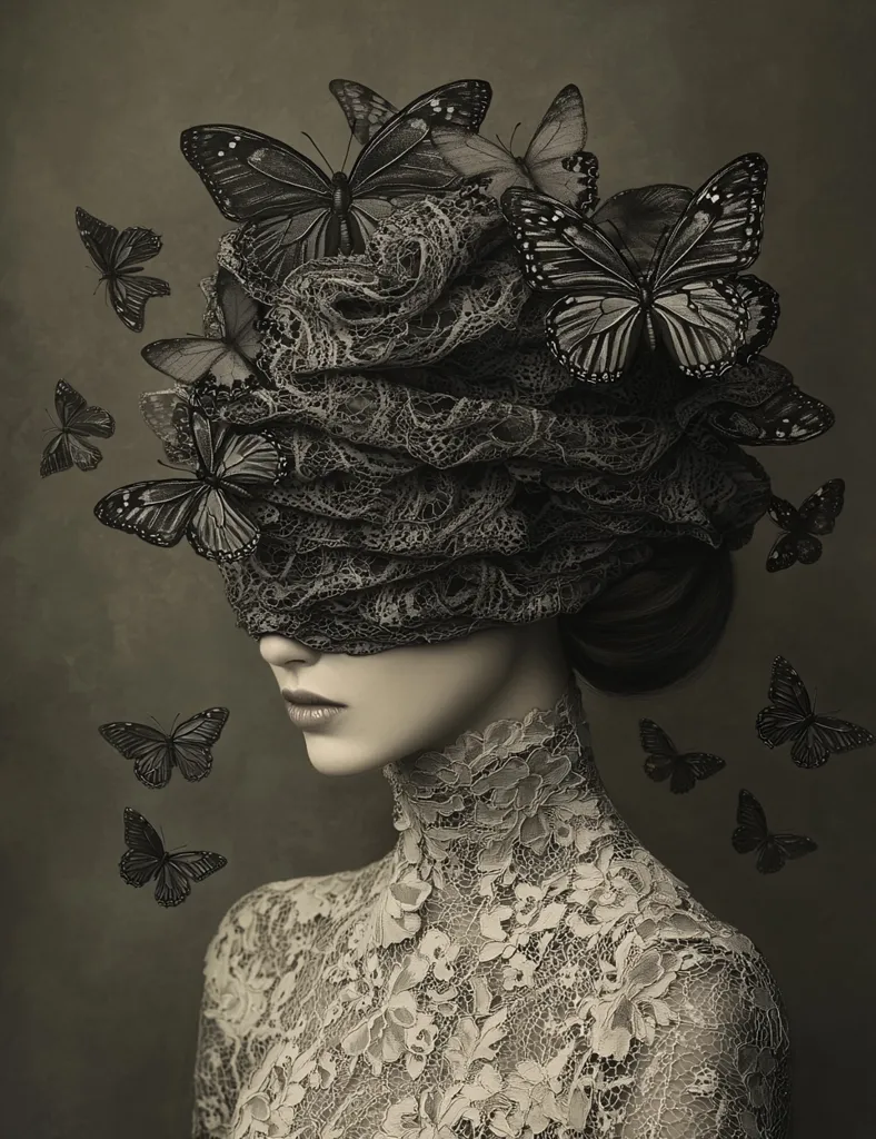 A monochromatic portrait of a woman adorned in intricate lace.  Her eyes are concealed by a voluminous lace veil, upon which numerous black butterflies are delicately arranged.  Surrounding her, more butterflies flutter, creating a mystical and ethereal atmosphere. The overall effect is one of elegant mystery and quiet beauty.