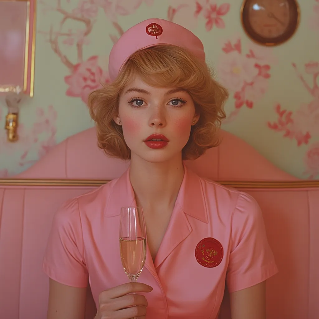 A young woman with short blonde curls wears a pink nurse's uniform and cap, adorned with a red emblem.  She sits on a pink booth, holding a champagne flute. The setting is a pastel pink and green room with floral wallpaper and a vintage clock. Her makeup is soft and rosy, creating a retro aesthetic.  The overall image is stylish and evokes a vintage feel.