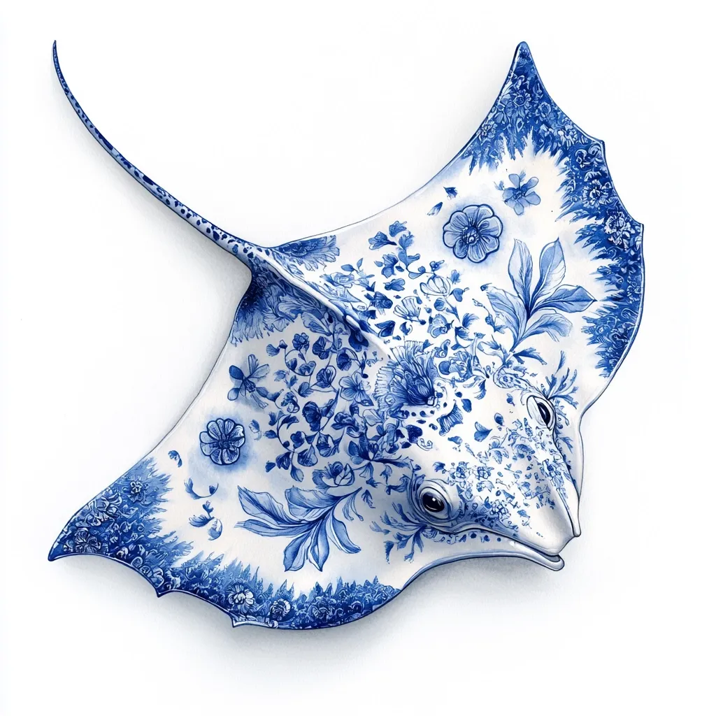 A watercolor painting depicts a stingray adorned with a delicate blue and white floral pattern, reminiscent of Delftware china.  The intricate design covers the entire body of the ray, from its tail to its wingtips, creating a striking contrast between the marine creature and the floral motif. The artwork is rendered with fine detail and a clean, white background, showcasing the vibrancy of the colors.
