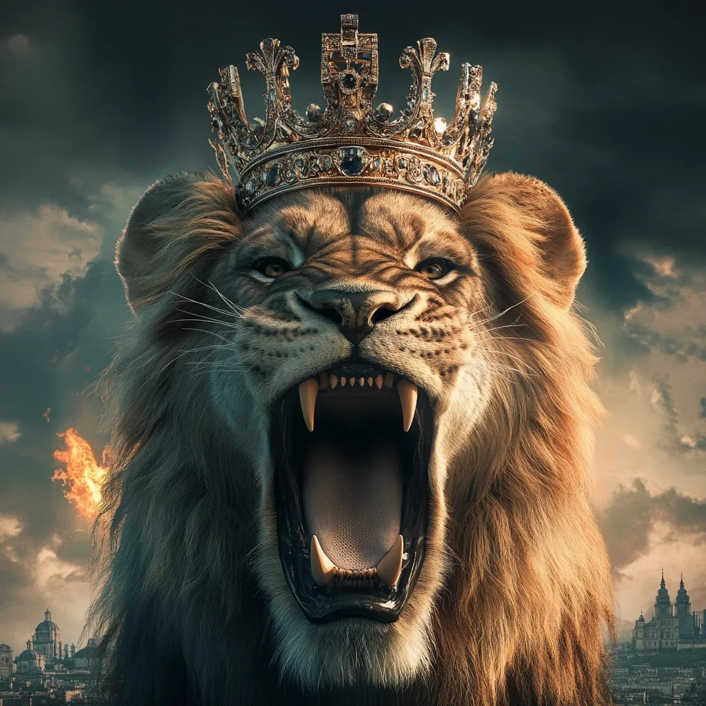 A majestic lion, its mane thick and golden, roars defiantly.  Atop its head rests a magnificent golden crown, studded with jewels.  The background is a dramatic, stormy sky, with a city skyline visible in the distance and a hint of fire, creating a powerful image of regal strength and impending conflict.  The lion's expression is fierce and commanding.