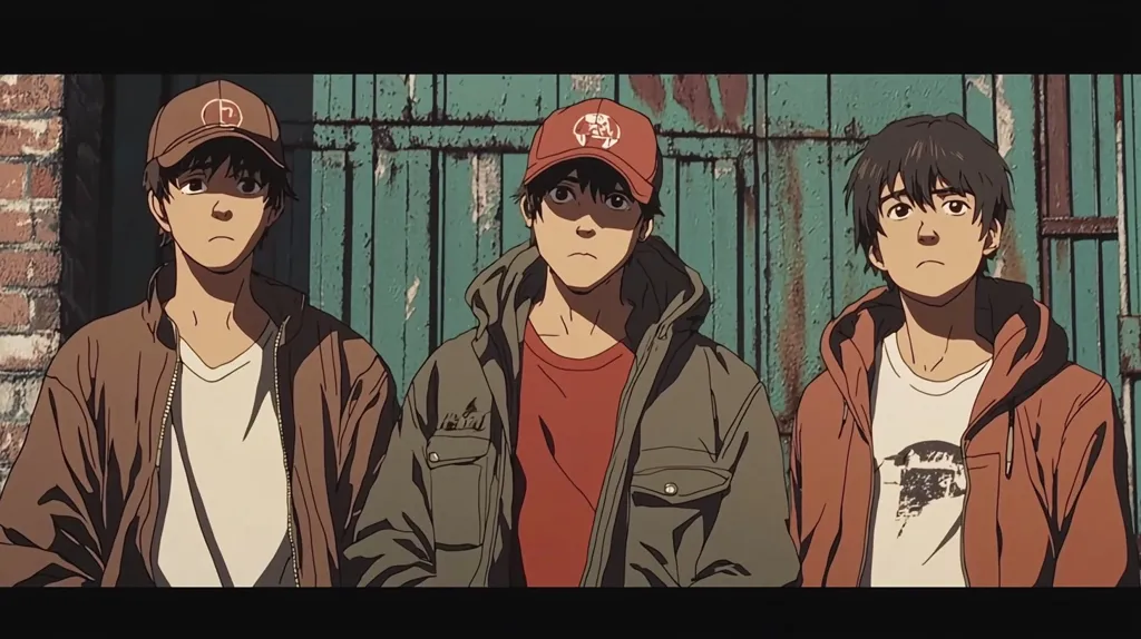 Three anime-style young men stand against a weathered teal wall.  They wear casual jackets and baseball caps; one cap is brown, another red, and the third is implied under a hooded jacket.  Their expressions are serious and somewhat somber, suggesting a contemplative or possibly melancholic mood.  The scene is gritty and urban in atmosphere.