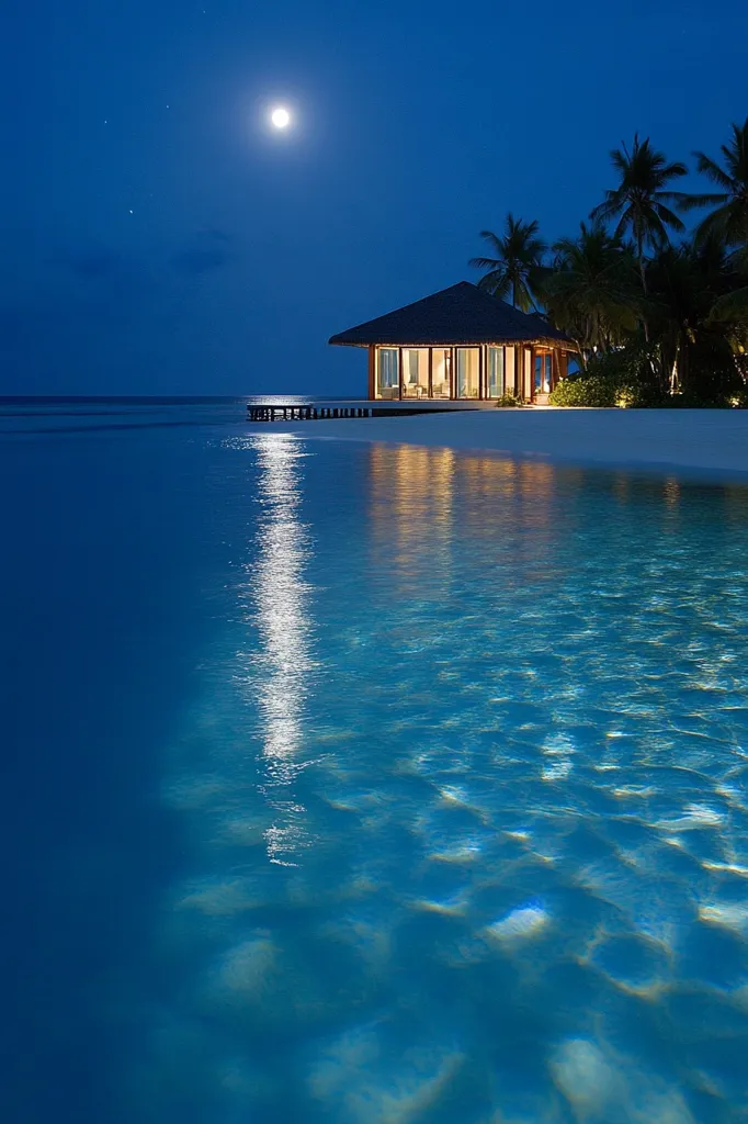 A tranquil scene at night, featuring a lit-up overwater bungalow on a pristine beach.  The calm, clear turquoise water reflects the moonlight, creating a serene atmosphere.  Palm trees sway gently under the bright moon in the night sky.  The scene evokes a sense of peace and luxury in a tropical paradise.