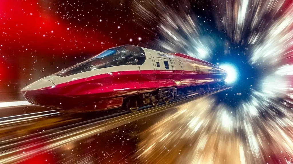 A high-speed train, predominantly pink and white, hurtles through a stylized space tunnel.  The tunnel is depicted with radiating light streaks against a dark, starry backdrop.  The train's speed is emphasized by motion blur, creating a sense of rapid travel and futuristic transportation. The overall image is dynamic and visually striking.