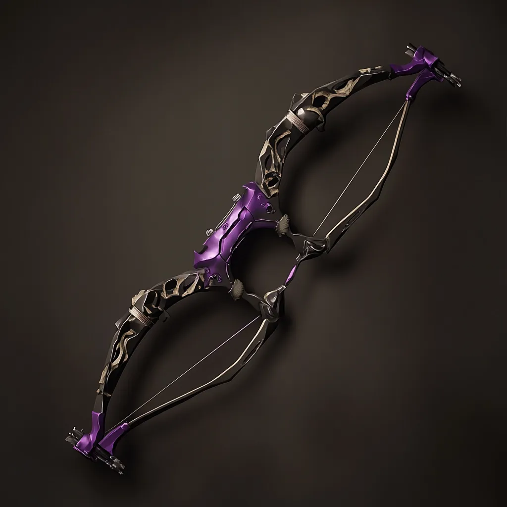 A sleek, futuristic bow is showcased against a dark brown backdrop.  The bow's design is intricate, featuring a dark, textured frame accented with vibrant purple components.  The string is taut, suggesting readiness. The overall aesthetic blends organic and mechanical elements, creating a striking visual.  The image highlights the bow's unique design and craftsmanship.