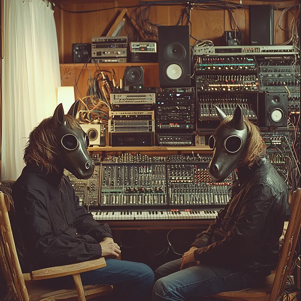 Two individuals wearing horse head masks sit in wooden chairs before a large analog synthesizer and mixing board.  The studio is cluttered with vintage audio equipment, suggesting a retro or experimental music setting. The image evokes a sense of mystery and artistic creativity. The warm lighting and muted tones create a nostalgic atmosphere.