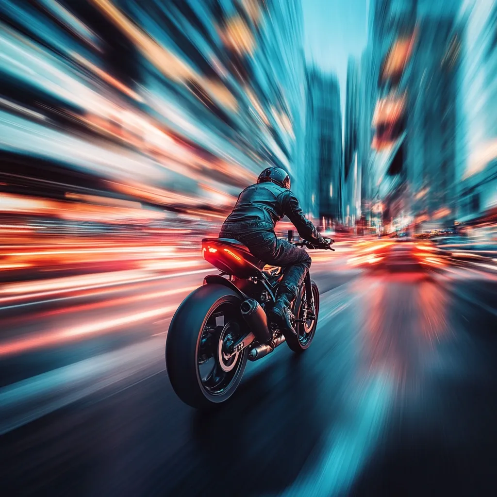 A motorcyclist speeds through a city at night, blurred motion suggesting high velocity.  Bright streaks of light from surrounding traffic and buildings create a vibrant, dynamic backdrop. The rider, in leather, is seen from behind, focused on the road ahead. The scene evokes a sense of thrilling urban adventure and freedom.