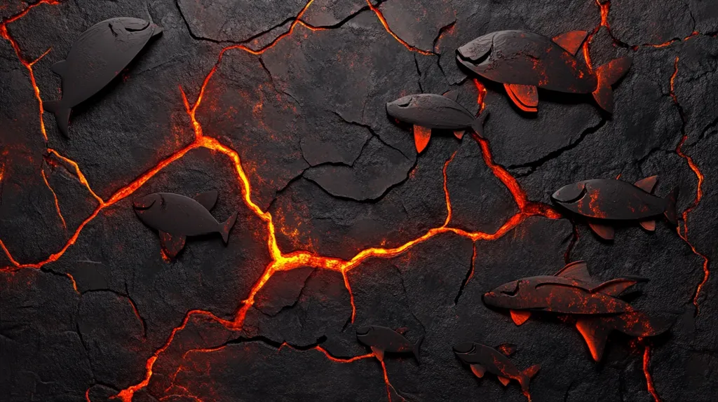 Several stylized fish silhouettes are embedded in a cracked, dark volcanic rock surface.  Glowing orange lava flows through the fissures in the rock, creating a dramatic contrast with the dark, metallic-looking fish. The overall image is dark, textured, and evokes a sense of heat and subterranean power.