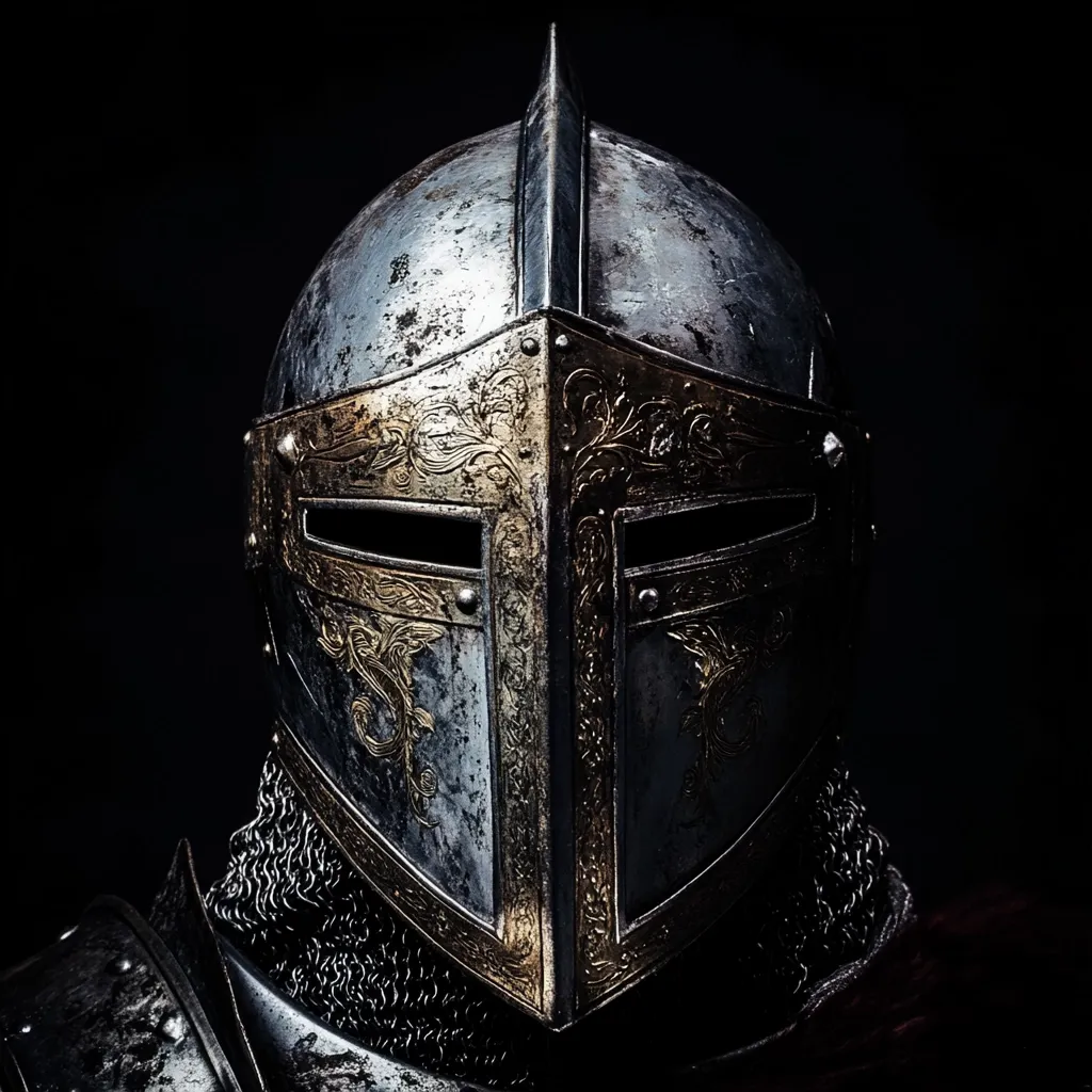 A close-up shot reveals a medieval knight's helmet, its weathered steel surface adorned with intricate gold detailing.  The helmet, a great helm with a visor, sits against a stark black background, emphasizing its aged texture and ornate design.  The surrounding chainmail hints at the complete suit of armor beneath.  The image evokes a sense of history and the powerful imagery of medieval warfare.