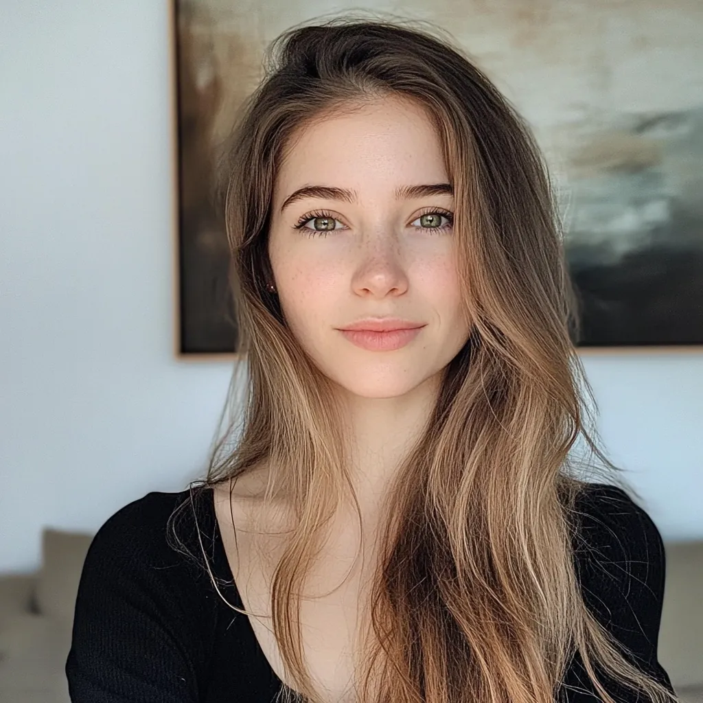 A young woman with long, light brown hair and freckles smiles subtly at the camera.  She's wearing a simple black top.  Her green eyes are captivating, and her expression is calm and approachable.  The background is blurred, showing a glimpse of a painting on the wall and a beige couch.  The overall impression is one of natural beauty and serenity.