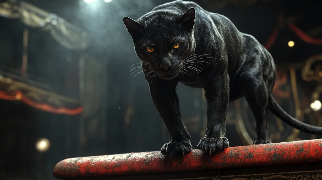 A majestic black panther with piercing golden eyes stands on a weathered red beam.  Its muscular body is tense, conveying power and alertness. The background is blurry, suggesting an old, possibly industrial, setting. The panther's gaze is direct and intense, creating a dramatic and captivating image.  The low light adds to the mysterious atmosphere.