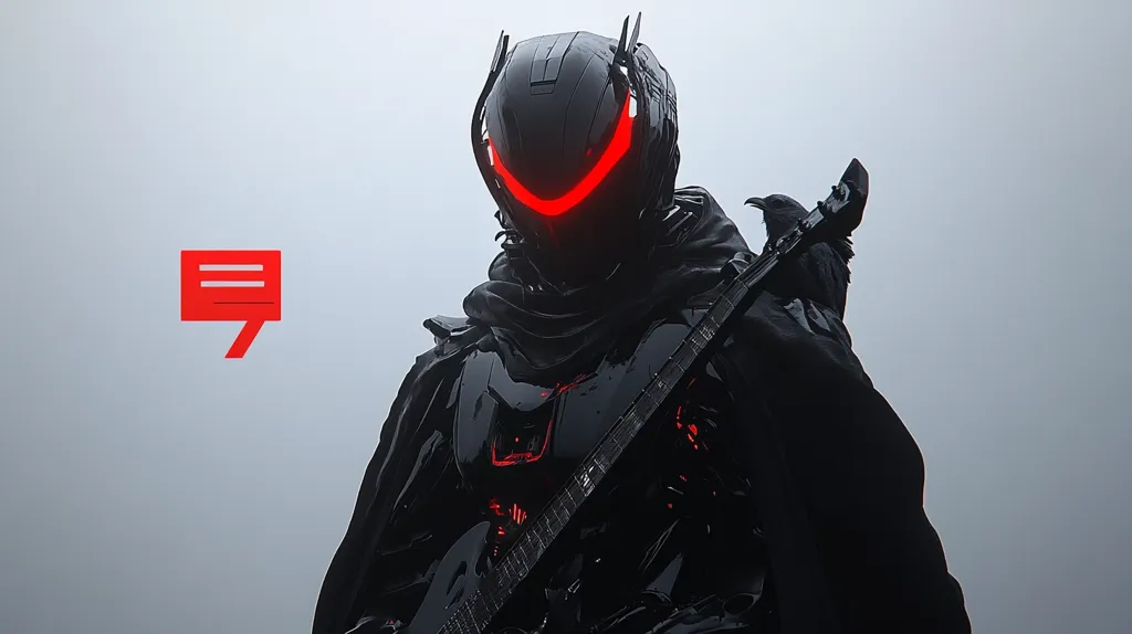 A futuristic warrior, clad in sleek black armor with glowing red accents, stands shrouded in mist.  The armor is intricately detailed, and the figure holds a guitar, its form partially obscured by a dark cloak. A raven-like bird perches on the instrument.  The overall aesthetic is dark, mysterious, and technologically advanced.