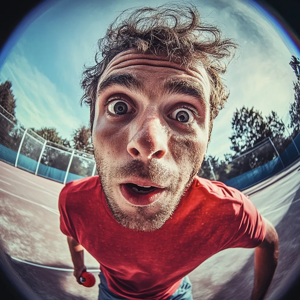 A fisheye lens captures a close-up of a young man's surprised face.  His wide eyes and open mouth convey astonishment. He's wearing a red t-shirt and is outdoors, possibly on a sports court,  the background slightly blurred. The image is brightly lit, with a clear blue sky visible. The overall effect is comical and expressive.