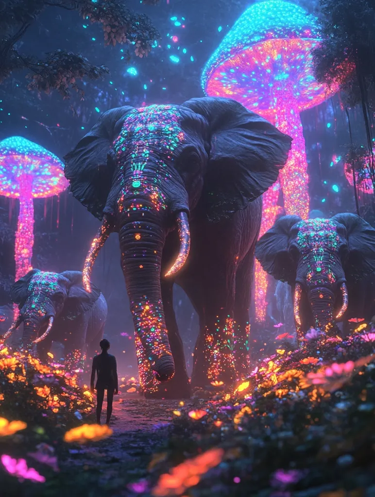 A surreal, digitally-created image depicts a luminous forest scene.  Three elephants, adorned with vibrant, glowing patterns, walk through a field of bioluminescent flowers.  Giant, brightly colored mushrooms illuminate the path. A lone figure stands in the center, observing the majestic creatures, creating a sense of wonder and mystery within this enchanted landscape.  The overall effect is one of otherworldly beauty and tranquility.