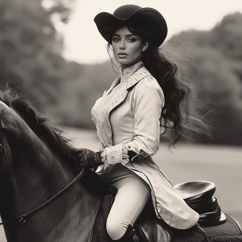 A woman in a stylish vintage riding outfit sits astride a dark horse.  She wears a cream-colored coat, gloves, and a wide-brimmed hat, her long dark hair flowing in the wind.  The monochrome image creates a classic and elegant feel, evoking a sense of timeless grace and equestrian skill. The background is softly blurred, focusing attention on the woman and her horse.