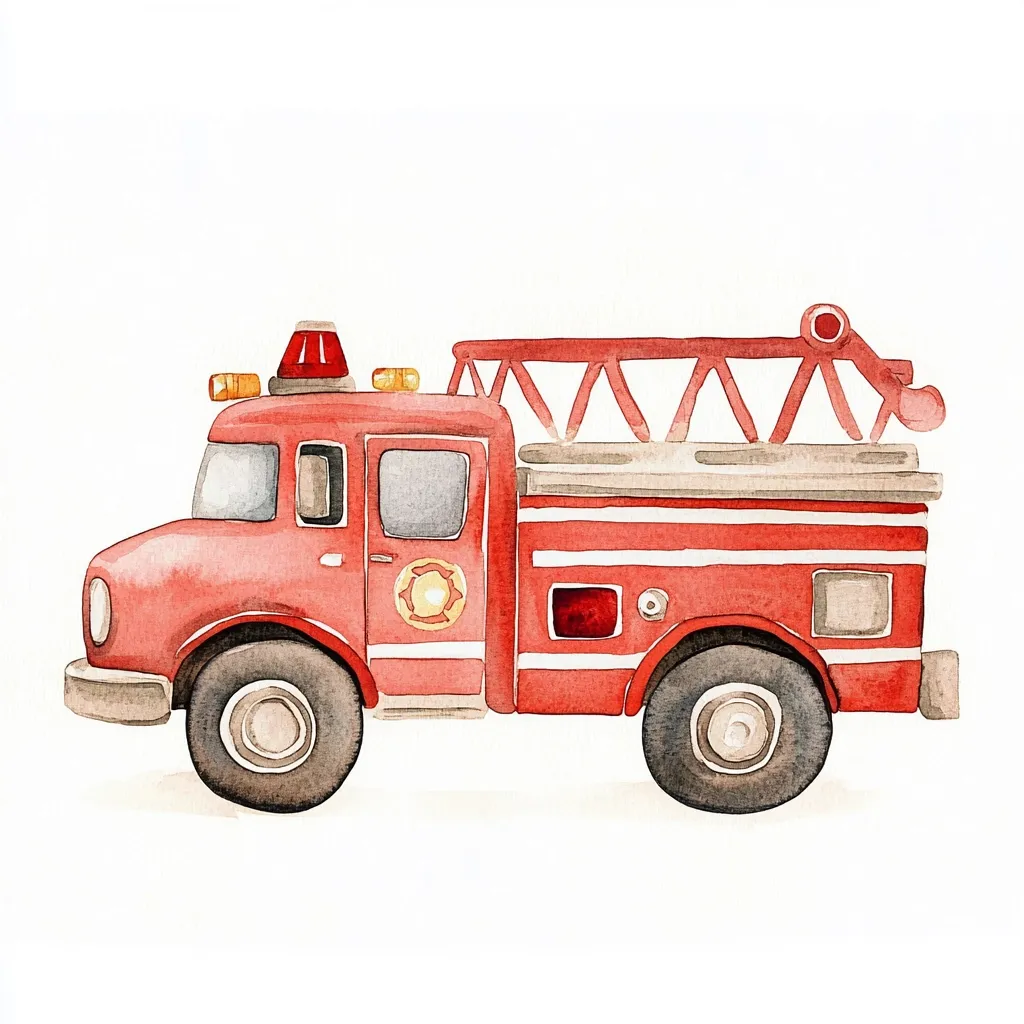 A watercolor painting depicts a red firetruck in profile view.  The truck features a ladder, flashing lights, and a circular emblem on its door.  The style is whimsical and childlike, with soft, muted colors and rounded edges.  The truck is detailed, showcasing features like tires and windows, making it a charming illustration suitable for children's books or decor.