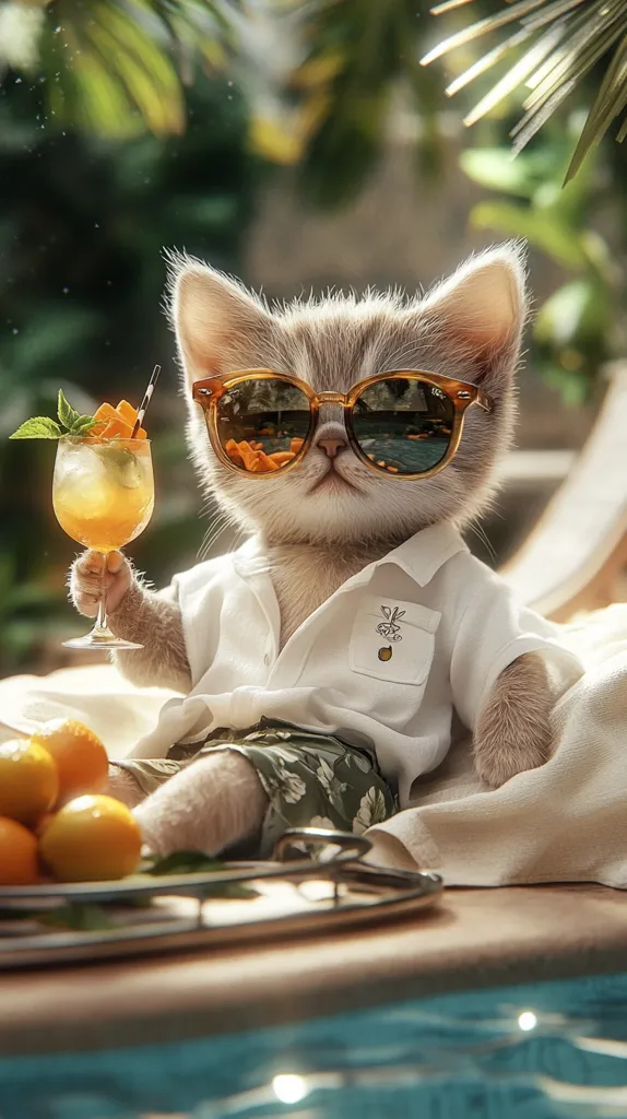 A stylish cat, wearing sunglasses and a white shirt with green shorts, lounges by a pool.  It holds a refreshing cocktail garnished with orange slices and mint.  A tray of oranges sits nearby. The scene is idyllic, bathed in sunlight, with lush tropical greenery in the background.  The cat exudes a relaxed, sophisticated vibe, enjoying a luxurious poolside moment.
