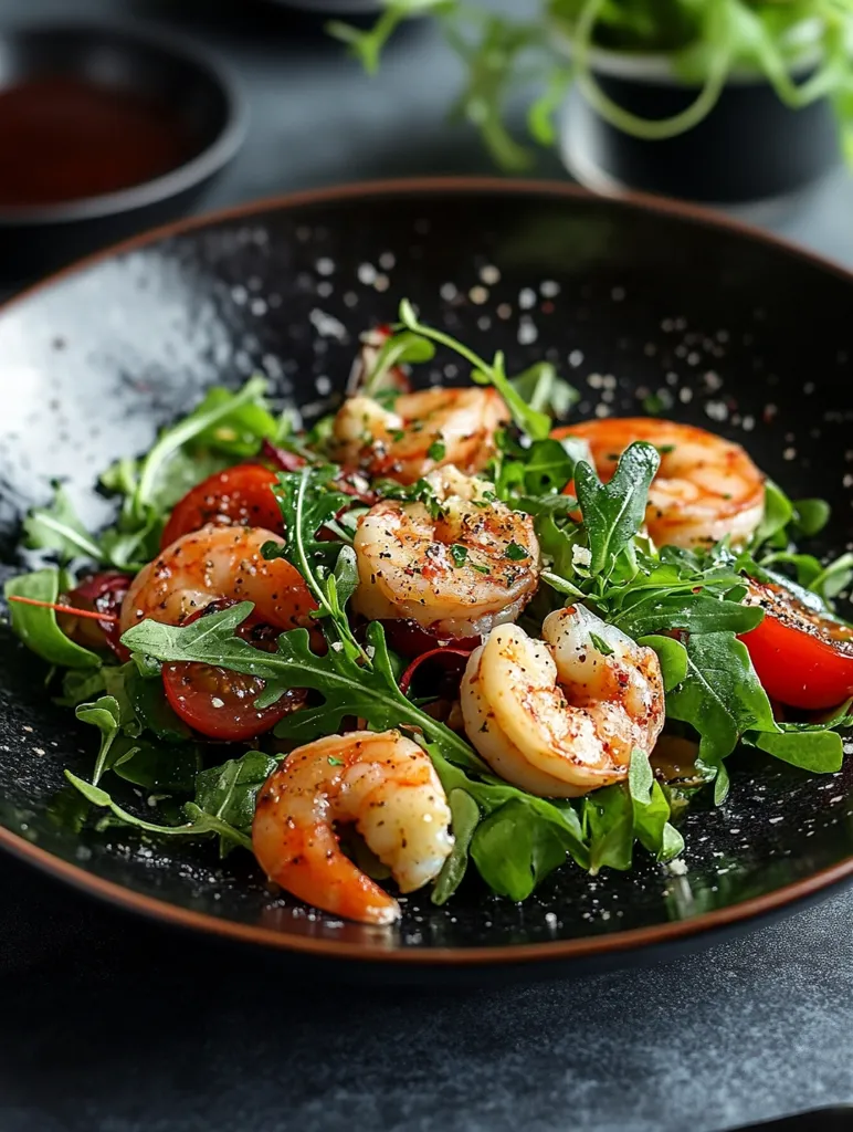 A close-up shot of a vibrant shrimp salad served on a dark-colored plate.  The salad features succulent, seasoned shrimp nestled amongst fresh arugula leaves and juicy cherry tomatoes.  A sprinkle of seasoning adds to the dish's visual appeal. The background subtly suggests a casual yet sophisticated dining setting.