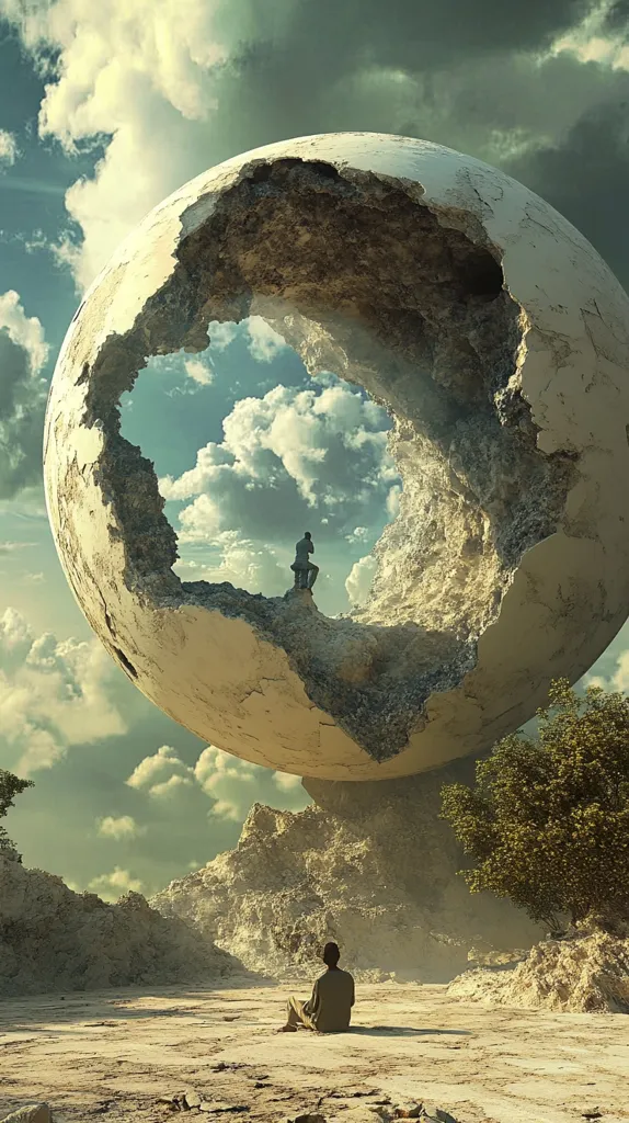 A surreal landscape features a giant, cracked, spherical structure resembling a broken planet.  A person sits contemplatively in the foreground, observing the sphere which reveals a glimpse of a cloudy sky through its gaping chasm. Another figure is perched atop the fractured sphere, adding to the scene's enigmatic and contemplative atmosphere.  The overall palette is muted, emphasizing the desolate yet awe-inspiring nature of the environment.
